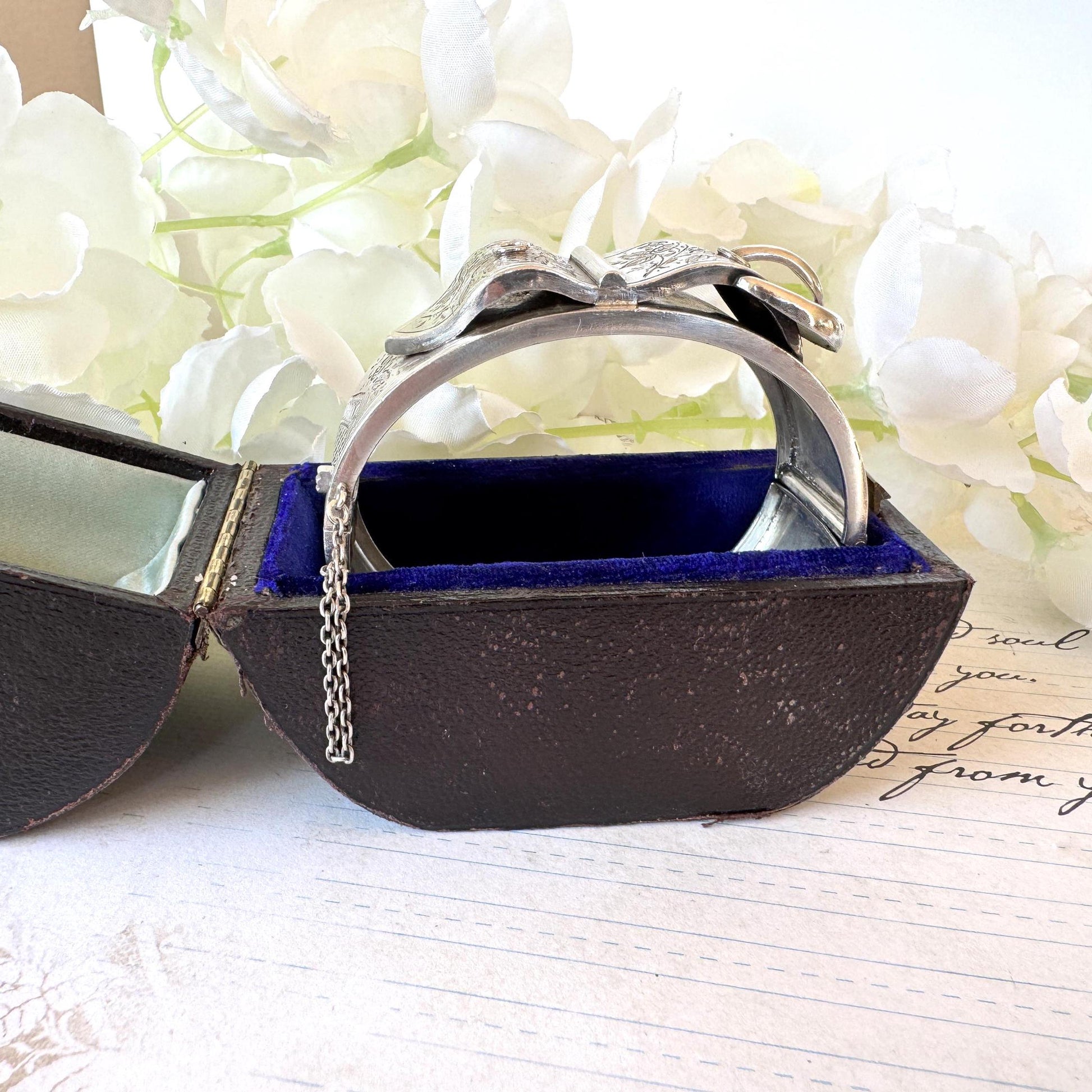Antique Victorian Sterling Silver Buckle Bangle Dated 1884 in Original Wales & McCulloch, Cheapside London Antique Bracelet Case/Box