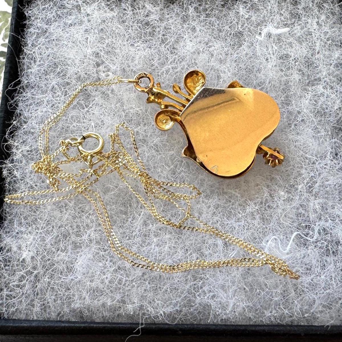 Antique Victorian 15ct Gold Ruby & Pearl Lyre Pendant Necklace. Yellow Gold Classical Greek Harp Pendant With Optional Chain