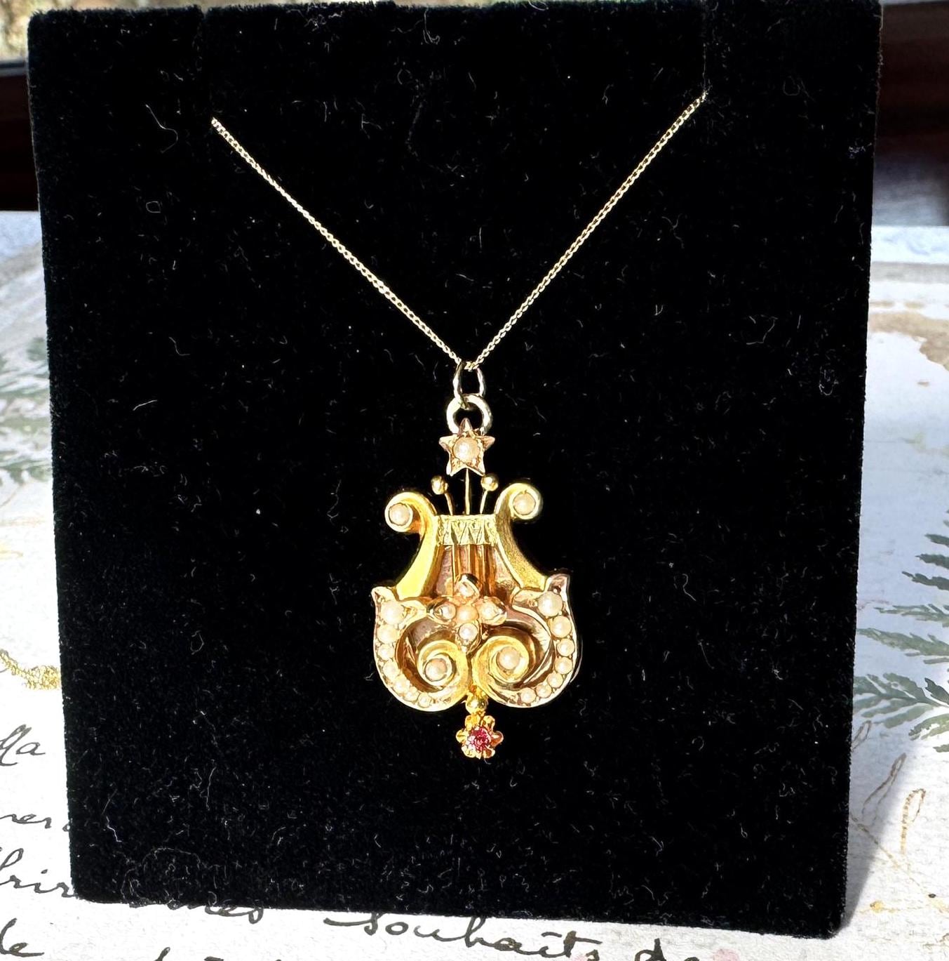 Antique Victorian 15ct Gold Ruby & Pearl Lyre Pendant Necklace. Yellow Gold Classical Greek Harp Pendant With Optional Chain