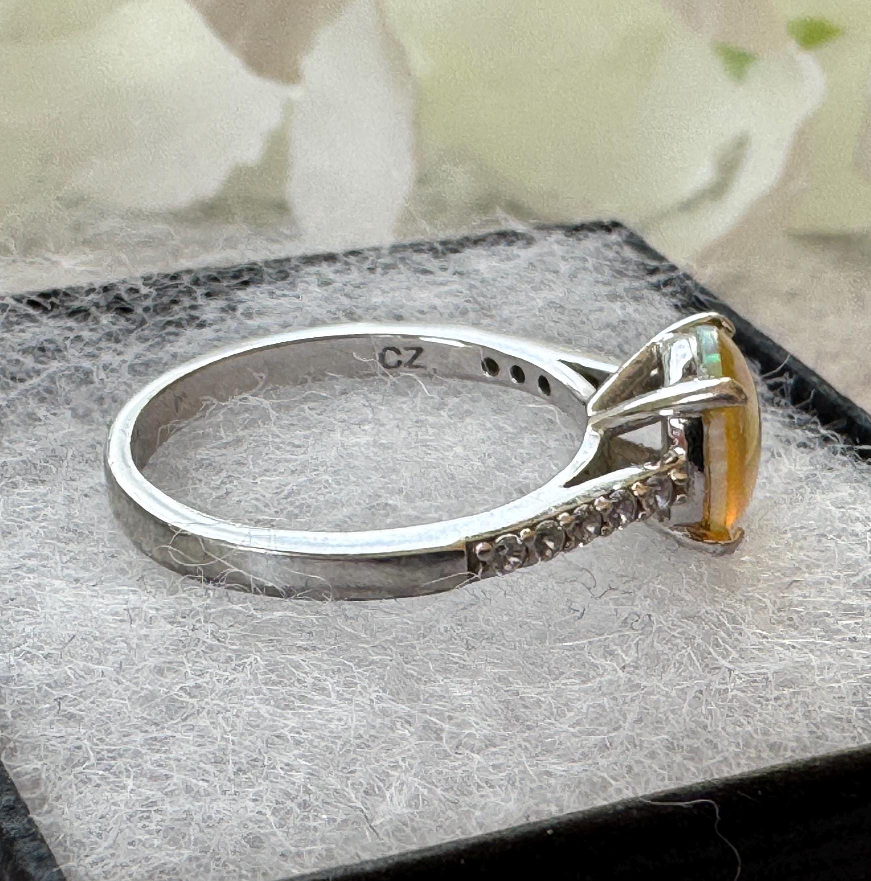 Vintage 2.0ct Rainbow Opal & CZ Crystal Sterling Silver Solitaire Ring, Size N / 6-3/4