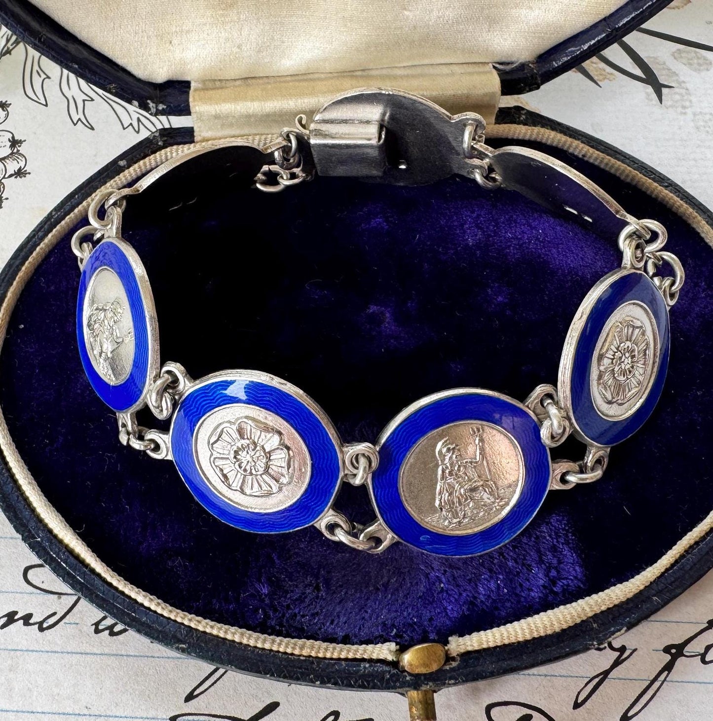 Vintage Sterling Silver Blue Enamel Britannia & Tudor Rose Bracelet, Dated 1945. Art Deco Era Guilloché Engraved Silver Panel Bracelet.