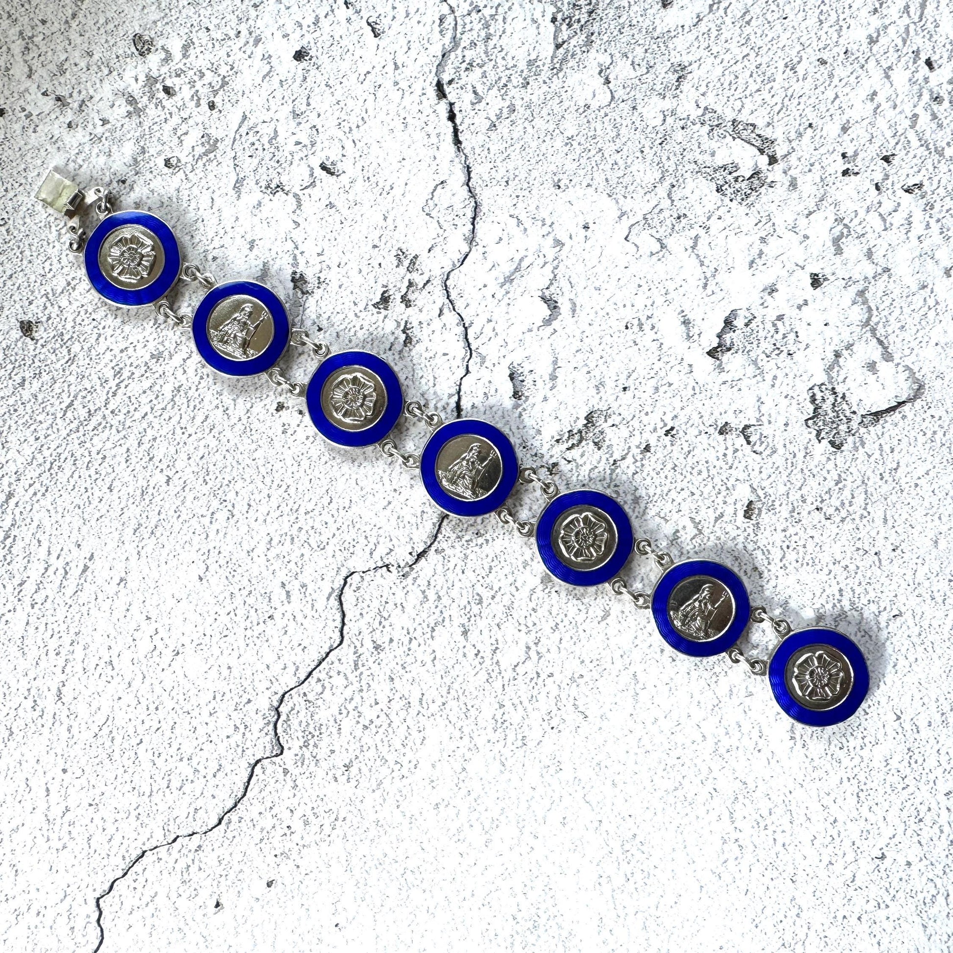 Vintage Sterling Silver Blue Enamel Britannia & Tudor Rose Bracelet, Dated 1945. Art Deco Era Guilloché Engraved Silver Panel Bracelet.
