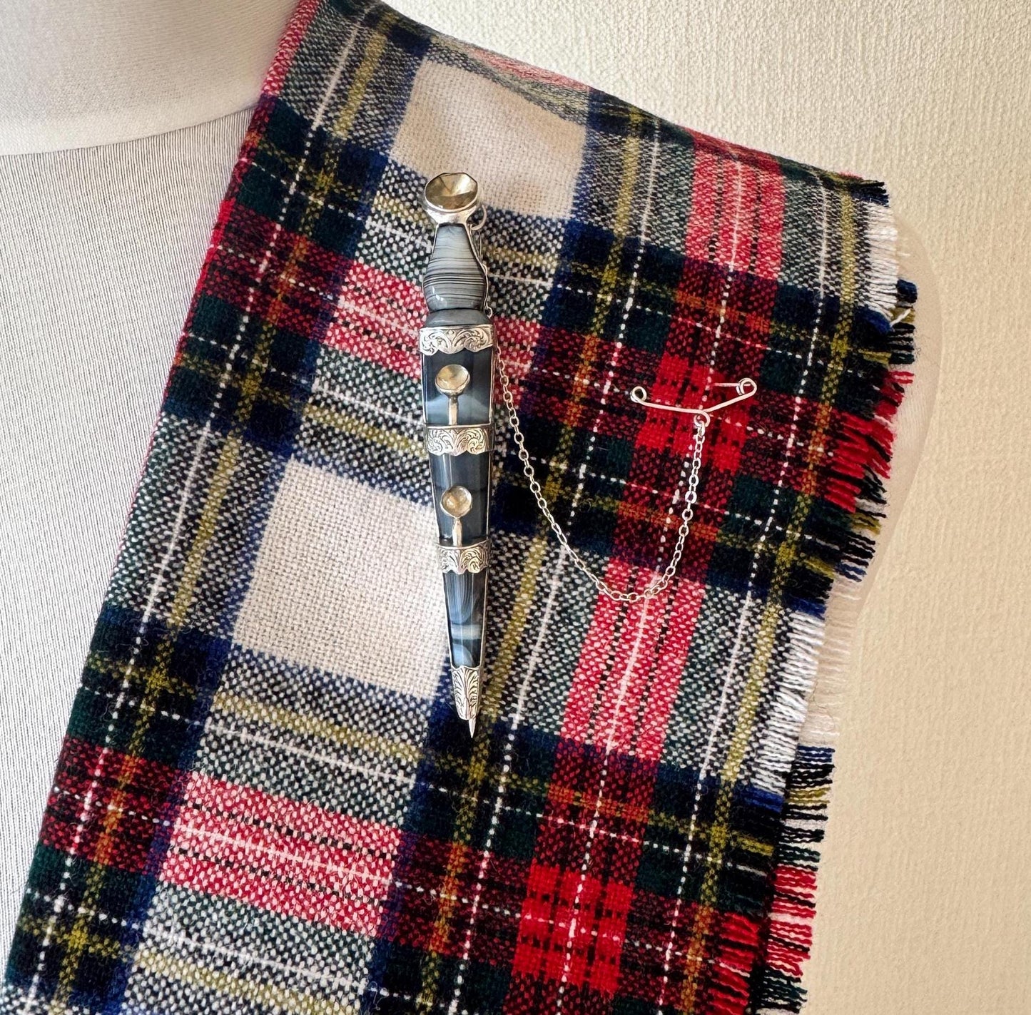 Huge Victorian Scottish Agate & Citrine Sterling Silver Sgian Dubh Kilt Pin