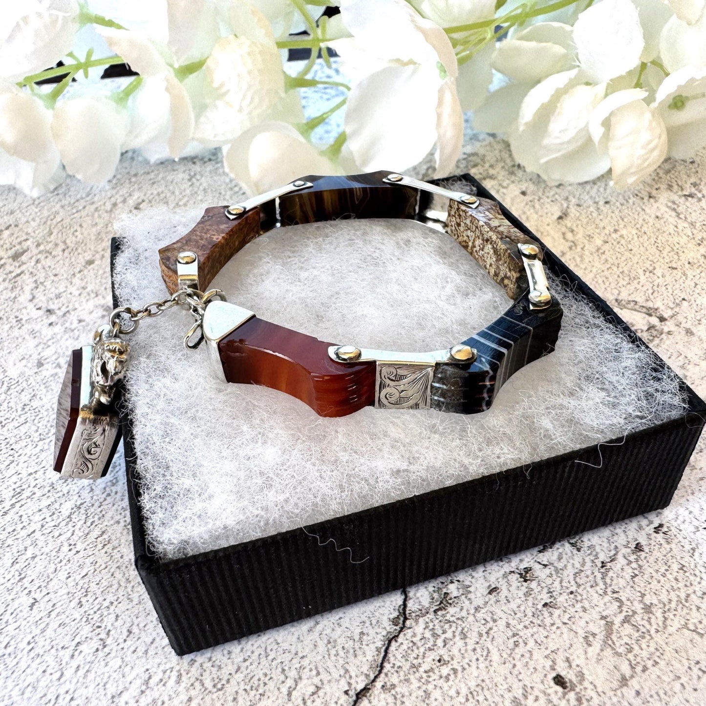 Victorian Scottish Agate Silver Bracelet With Original Bloodstone & Carnelian Lion Fob