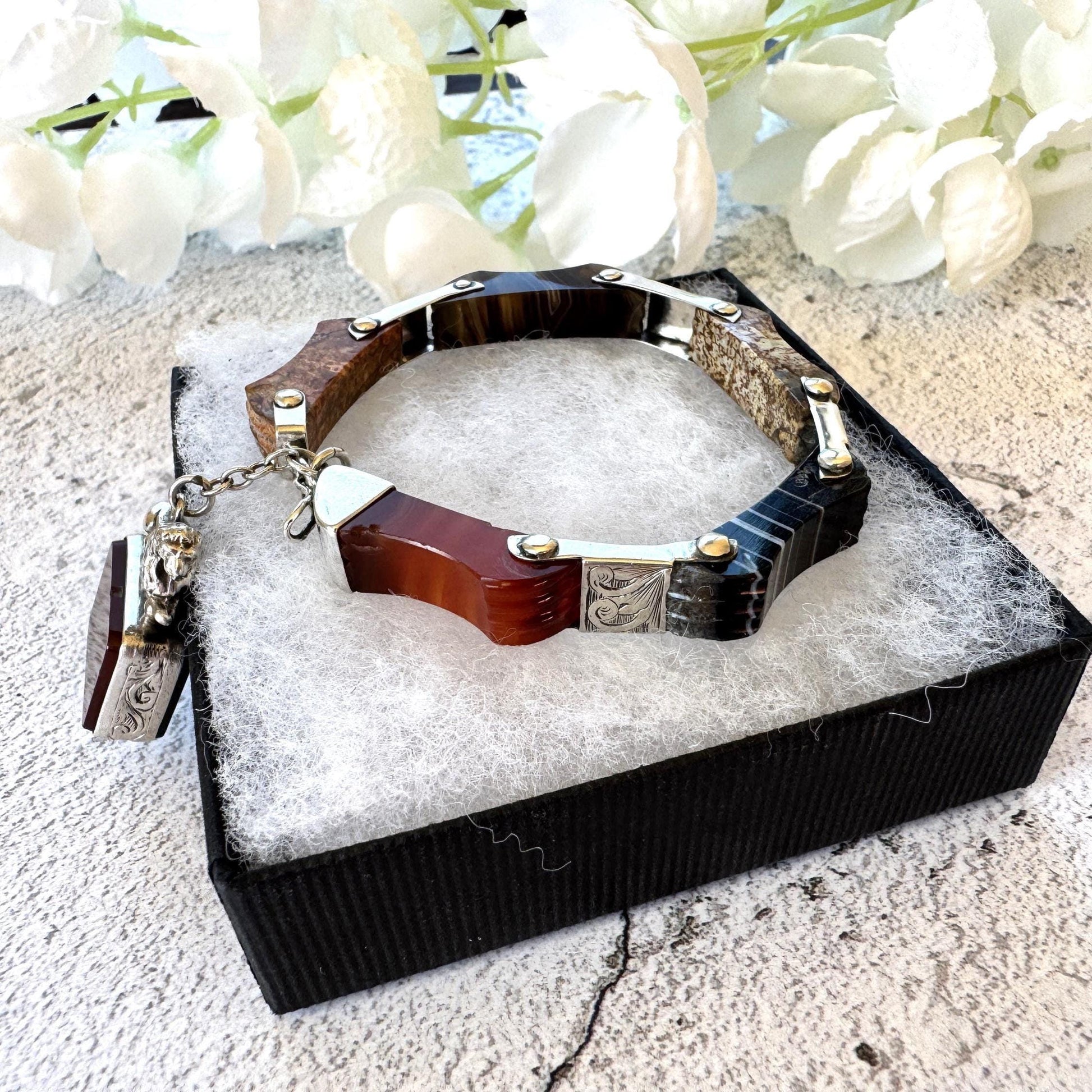 Victorian Scottish Agate Silver Bracelet With Original Bloodstone & Carnelian Lion Fob