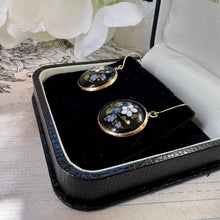 Cargar imagen en el visor de la galería, Antique Victorian English Enamel Forget-me-Not &amp; Rose Earrings. Hand-Painted Flower Earrings. Gold On Silver Pendant Drop Hook Earrings
