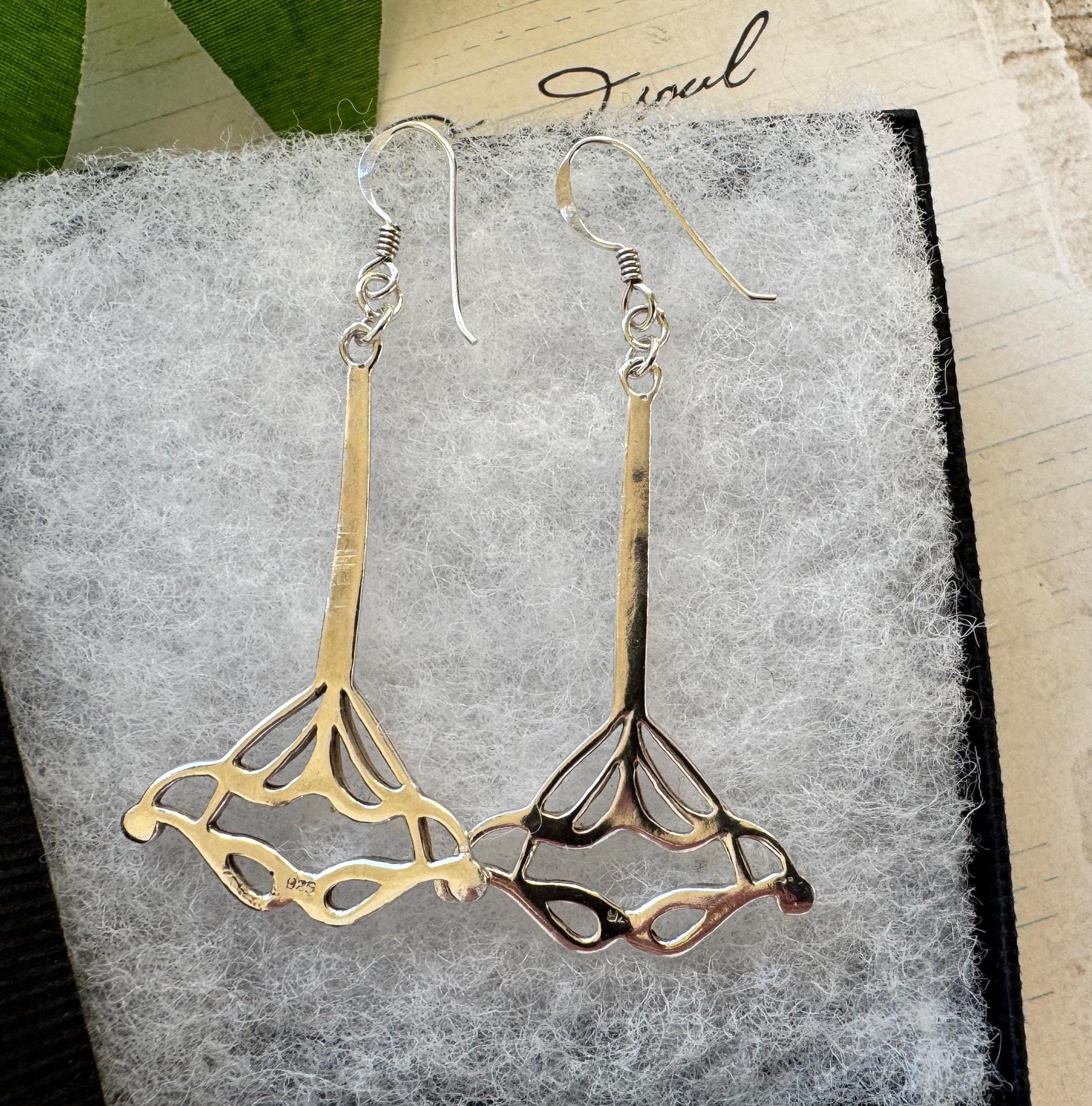 Vintage Sterling Silver Art Nouveau Style Long Drop Earrings