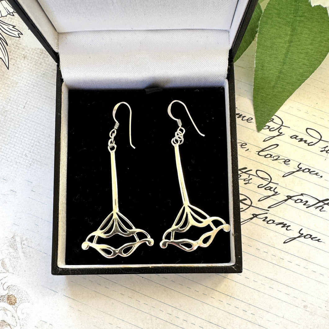 Vintage Sterling Silver Art Nouveau Style Long Drop Earrings. Archibald Knox/ Liberty Inspired Whiplash Tendril Pendant Drop Earrings