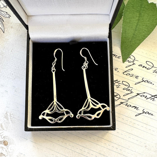 Vintage Sterling Silver Art Nouveau Style Long Drop Earrings