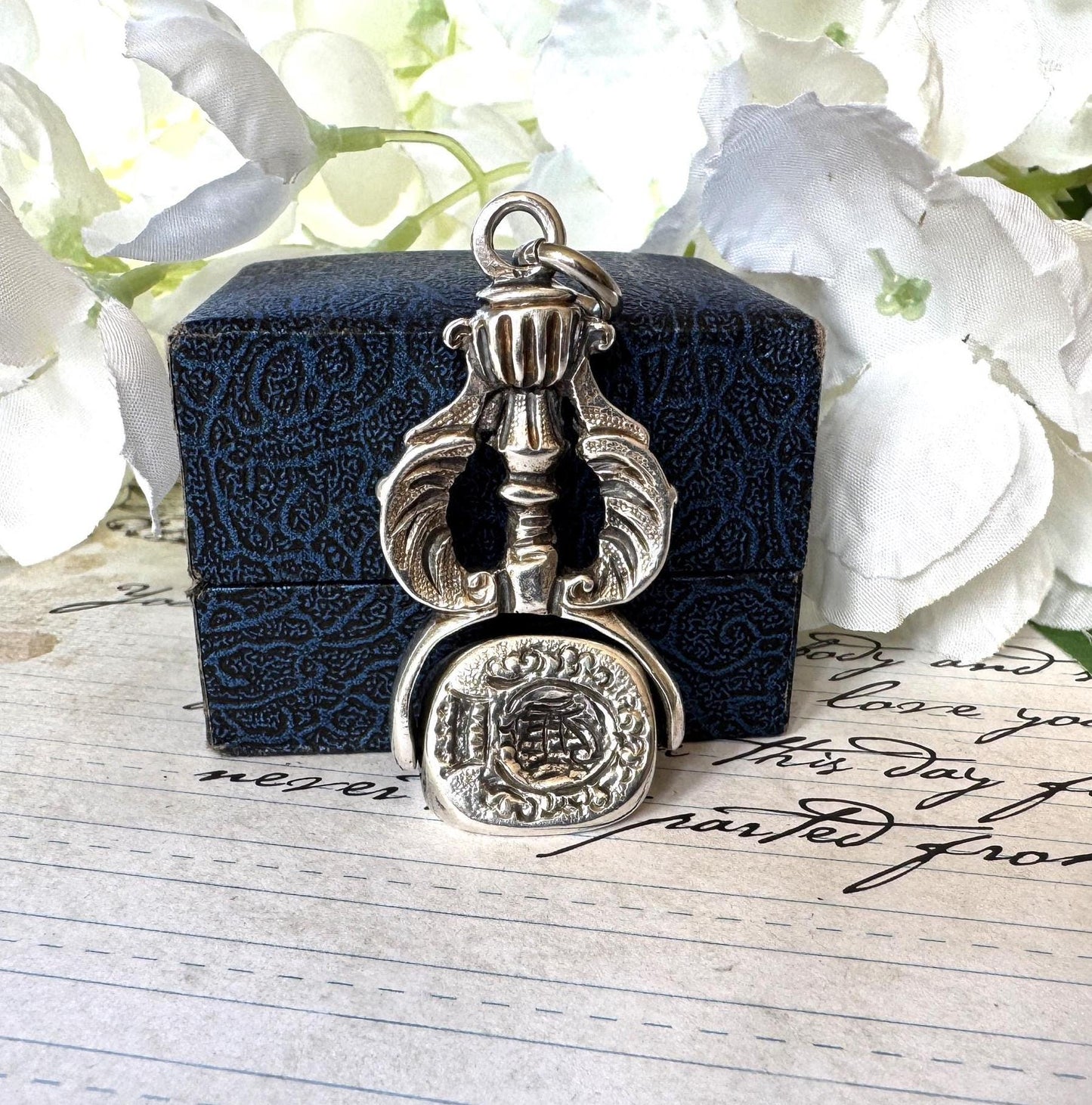 Rare Georgian Silver Triple Seal Swivel Fob Pendant with Family Crests. Large Antique Sterling Silver Engraved Intaglio Wax Seal Spinner Fob