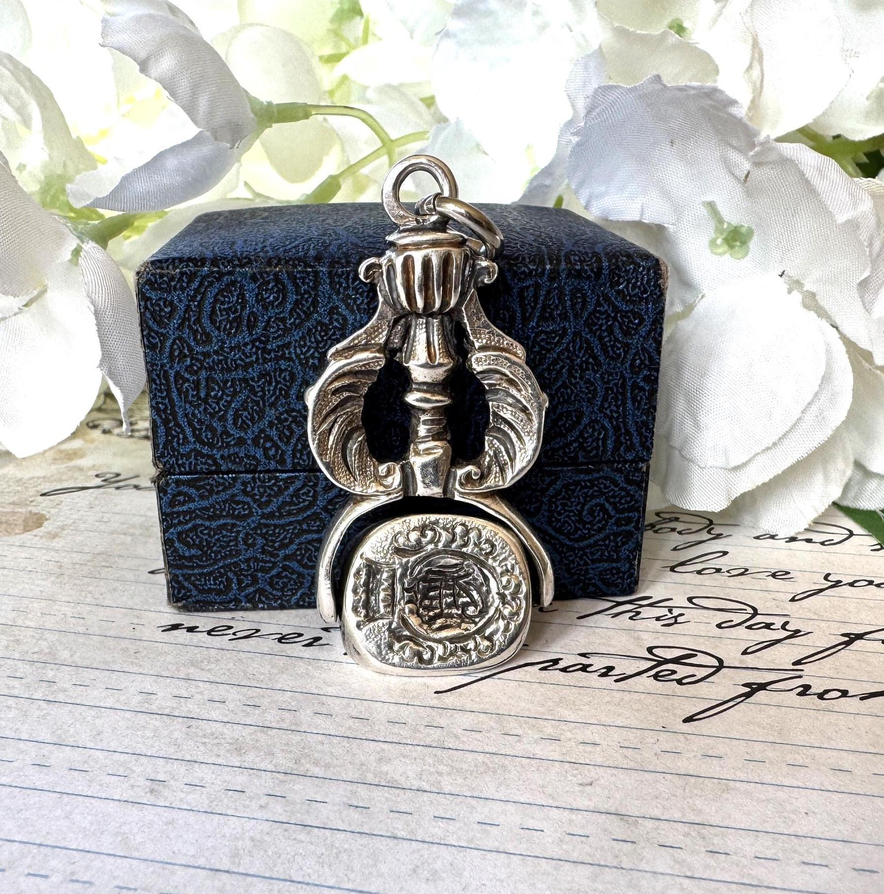 Rare Georgian Silver Triple Seal Swivel Fob Pendant with Family Crests. Large Antique Sterling Silver Engraved Intaglio Wax Seal Spinner Fob