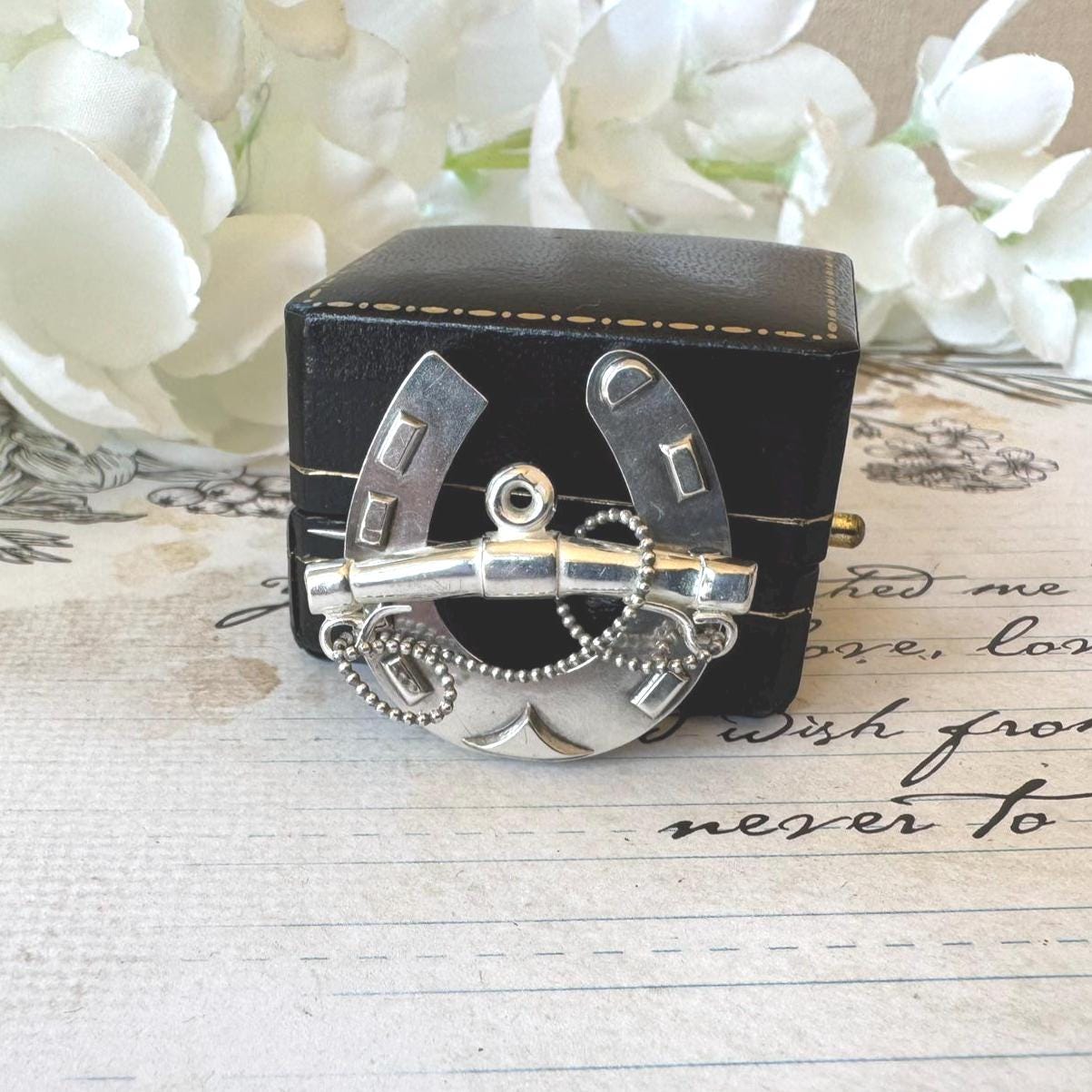 Victorian Sterling Silver Horseshoe & Whip Brooch