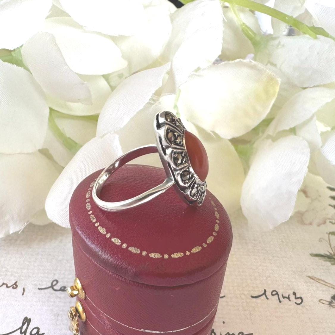 Antique Art Deco Sterling Silver Coral Cabochon Ring