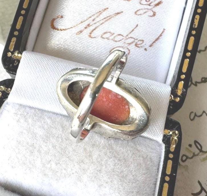 Antique Art Deco Sterling Silver Coral Cabochon Ring