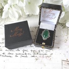 Cargar imagen en el visor de la galería, Art Deco Apple Green Chrysoprase Cabochon Silver Ring. Antique 1930&#39;s Silver Marcasite Gemstone Ring. Statement Cocktail Ring Size L,5-3/4
