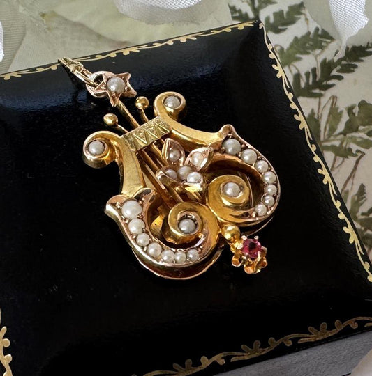 Antique Victorian 15ct Gold Ruby & Pearl Lyre Pendant Necklace. Yellow Gold Classical Greek Harp Pendant With Optional Chain