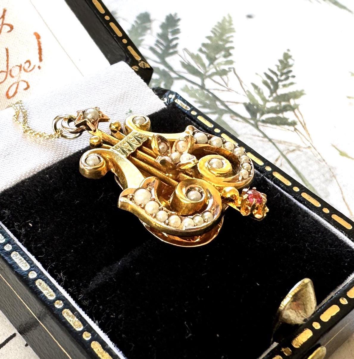 Antique Victorian 15ct Gold Ruby & Pearl Lyre Pendant Necklace. Yellow Gold Classical Greek Harp Pendant With Optional Chain