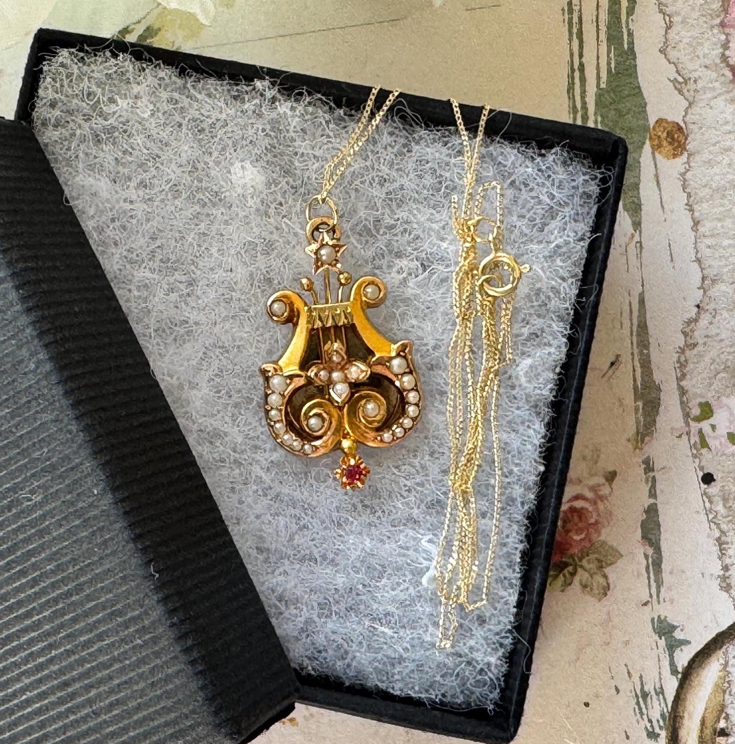 Antique Victorian 15ct Gold Ruby & Pearl Lyre Pendant Necklace. Yellow Gold Classical Greek Harp Pendant With Optional Chain
