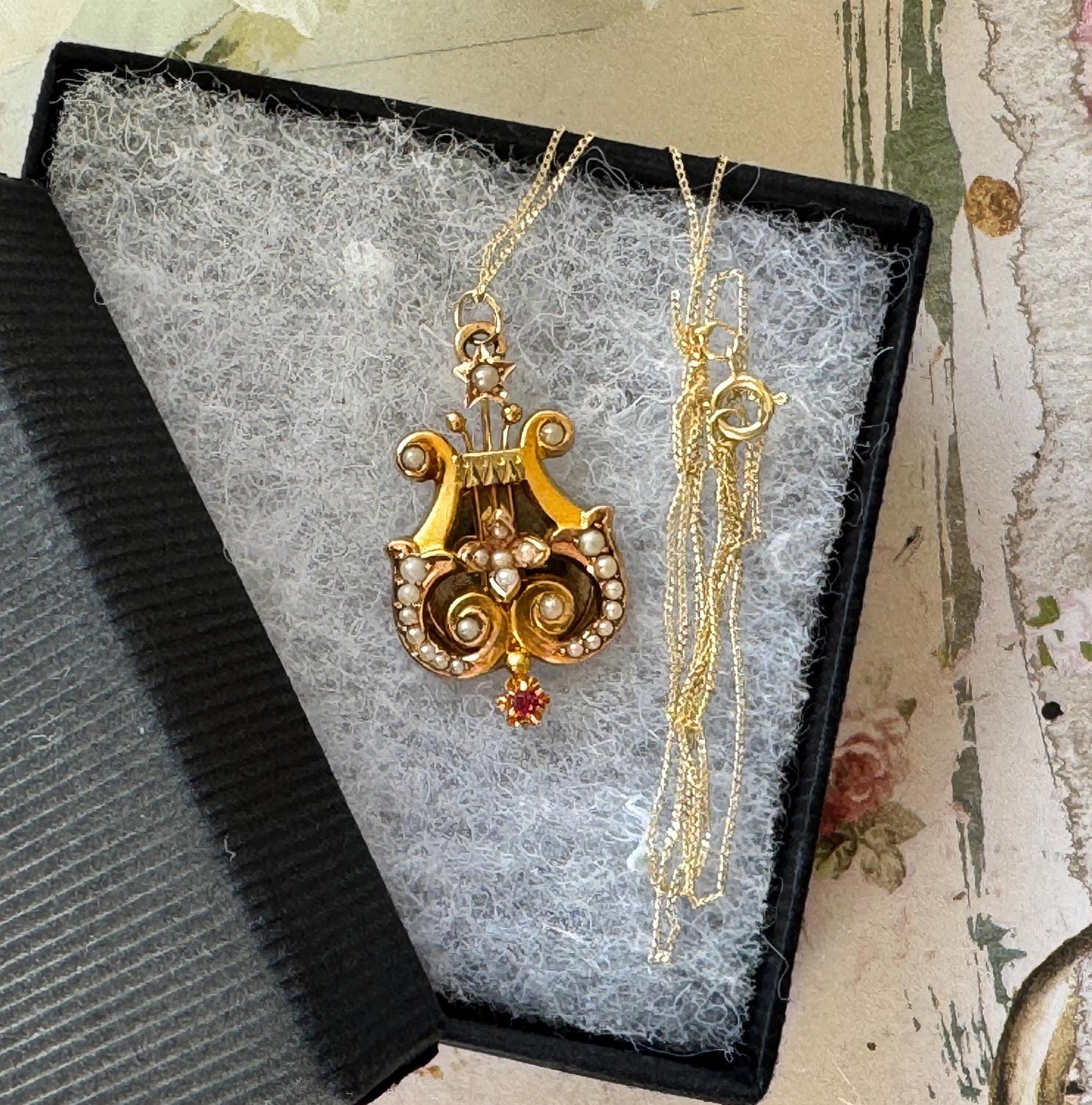 Antique Victorian 15ct Gold Ruby & Pearl Lyre Pendant Necklace. Yellow Gold Classical Greek Harp Pendant With Optional Chain