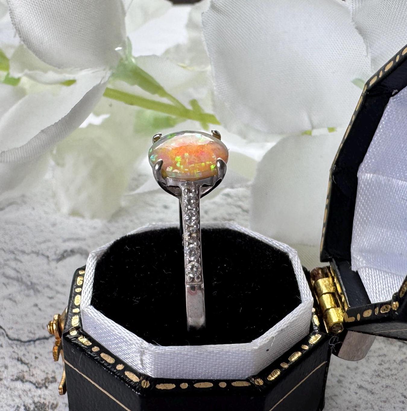 Vintage 2.0ct Rainbow Opal & CZ Crystal Sterling Silver Solitaire Ring, Size N / 6-3/4