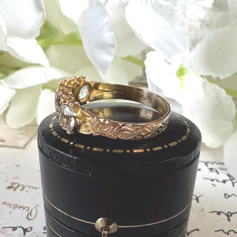 Georgian 18ct Gold Rare White & Pink Tourmaline Ring. Antique Engraved 18K Yellow Gold Rose-Cut Colour Change Gemstone Ring, Size R/ 8-1/2