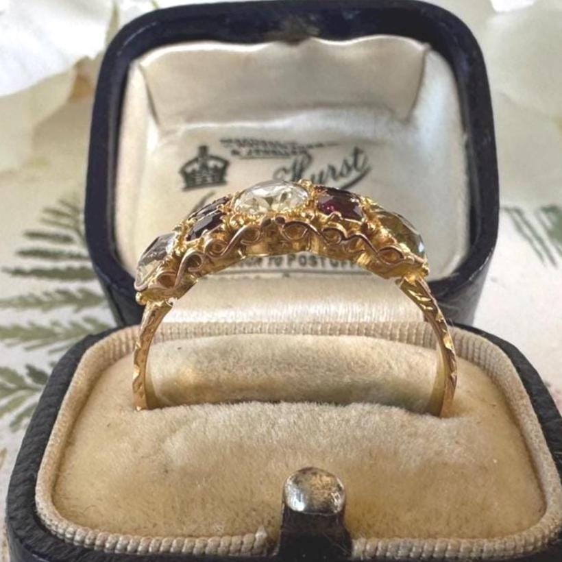 Georgian 18ct Gold Rare White & Pink Tourmaline Ring. Antique Engraved 18K Yellow Gold Rose-Cut Colour Change Gemstone Ring, Size R/ 8-1/2
