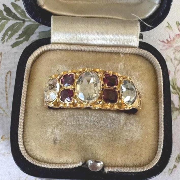 Georgian 18ct Gold Rare White & Pink Tourmaline Ring. Antique Engraved 18K Yellow Gold Rose-Cut Colour Change Gemstone Ring, Size R/ 8-1/2
