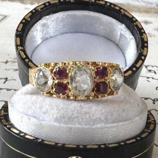 Georgian 18ct Gold Rare White & Pink Tourmaline Ring. Antique Engraved 18K Yellow Gold Rose-Cut Colour Change Gemstone Ring, Size R/ 8-1/2