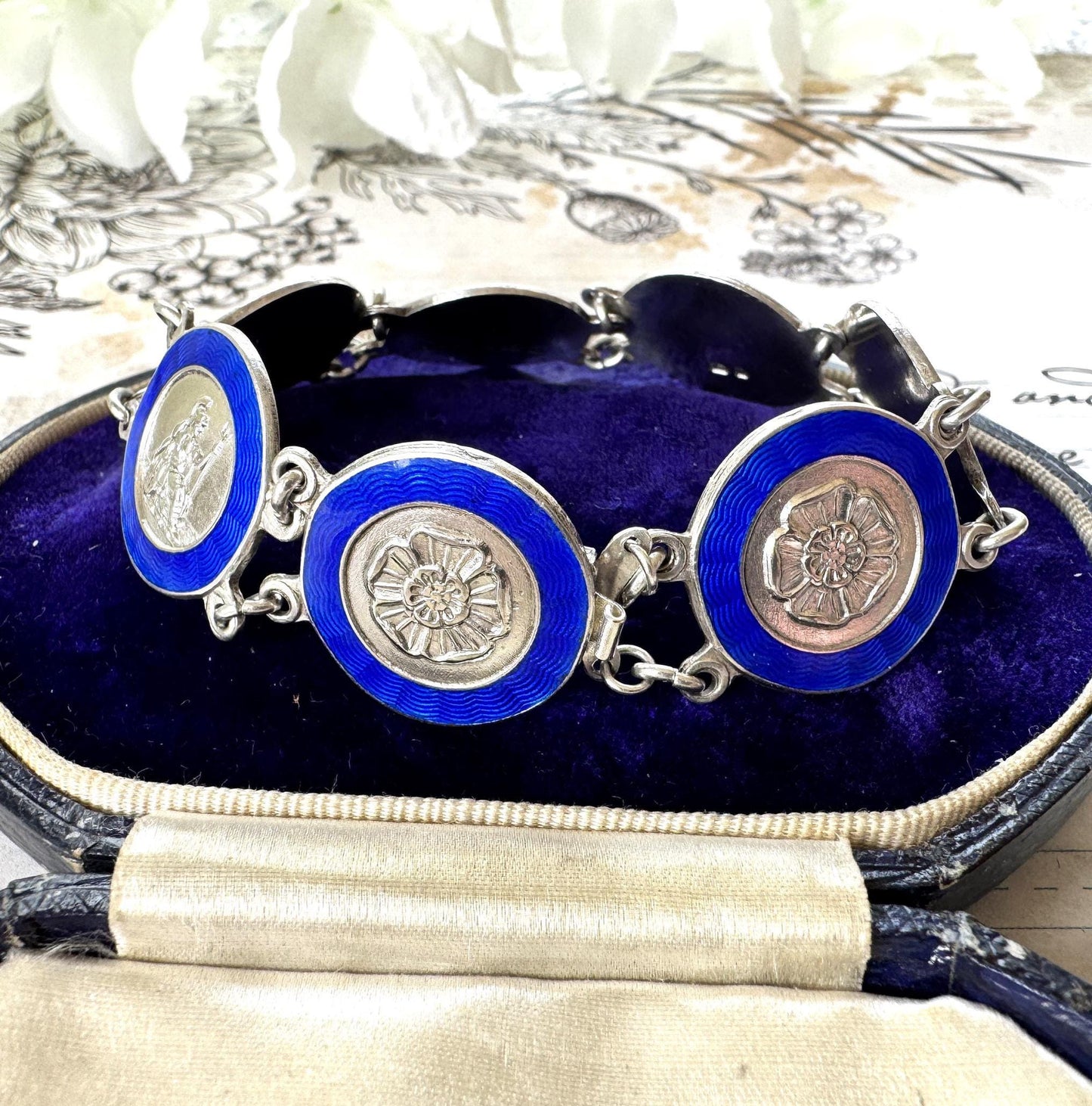 Vintage Sterling Silver Blue Enamel Britannia & Tudor Rose Bracelet, Dated 1945. Art Deco Era Guilloché Engraved Silver Panel Bracelet.
