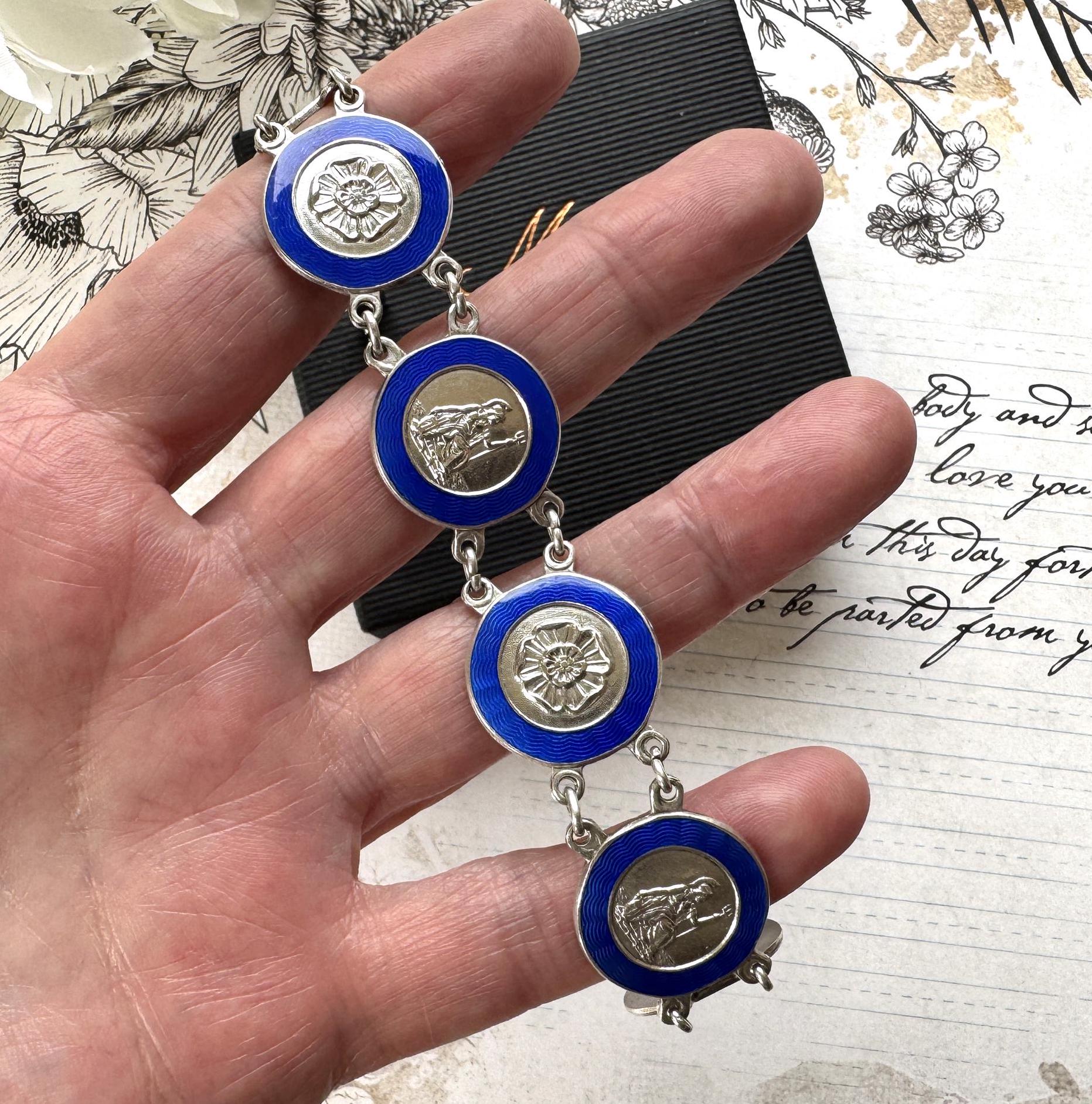 Vintage Sterling Silver Blue Enamel Britannia & Tudor Rose Bracelet, Dated 1945. Art Deco Era Guilloché Engraved Silver Panel Bracelet.