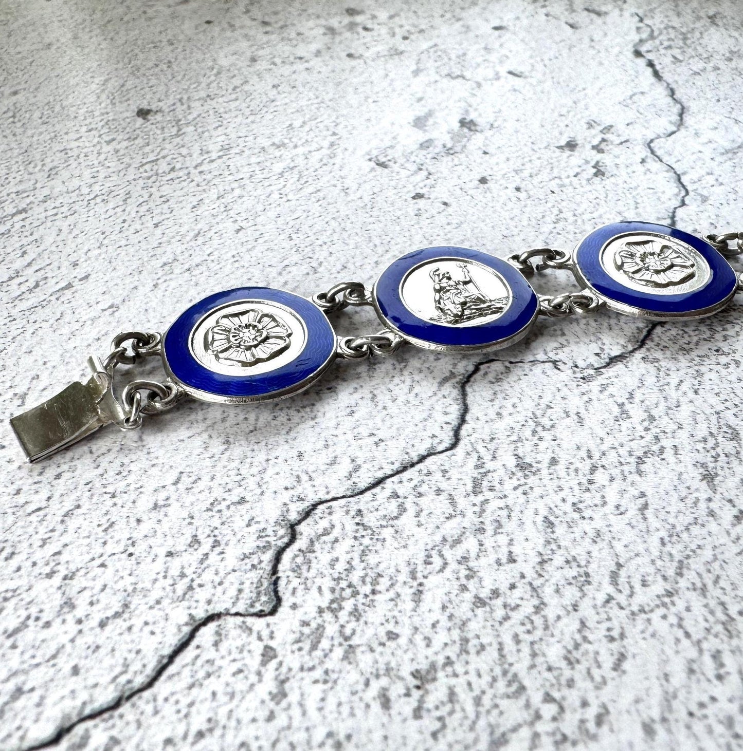 Vintage Sterling Silver Blue Enamel Britannia & Tudor Rose Bracelet, Dated 1945. Art Deco Era Guilloché Engraved Silver Panel Bracelet.