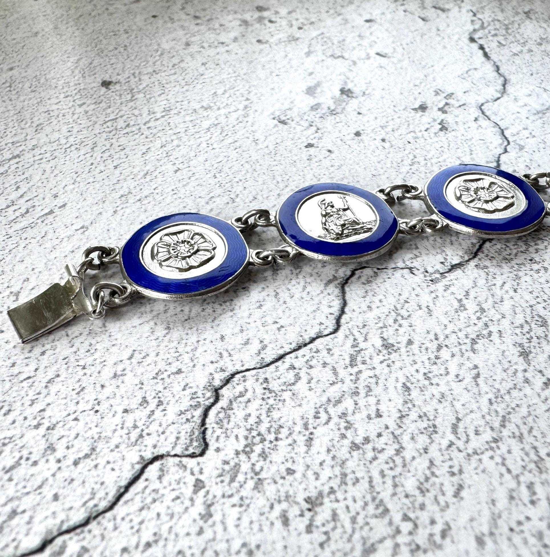 Vintage Sterling Silver Blue Enamel Britannia & Tudor Rose Bracelet, Dated 1945. Art Deco Era Guilloché Engraved Silver Panel Bracelet.