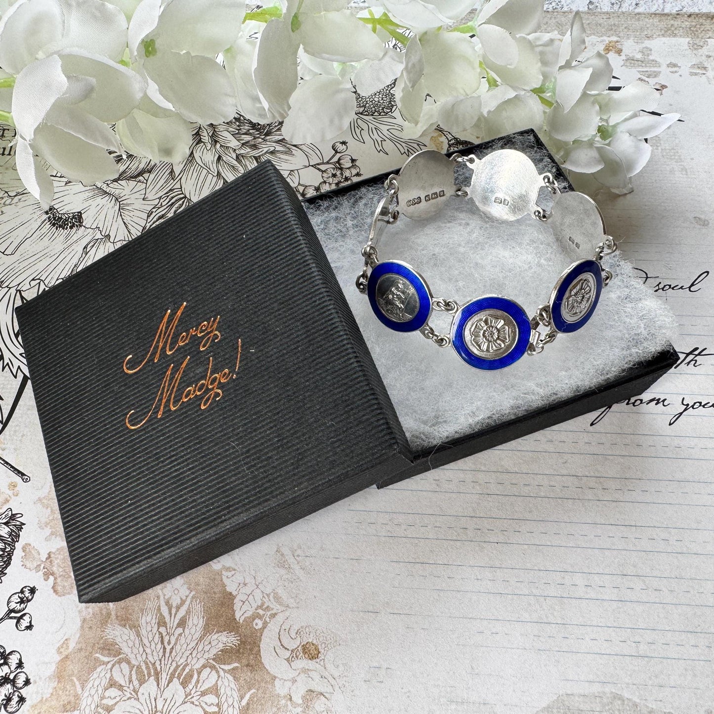 Vintage Sterling Silver Blue Enamel Britannia & Tudor Rose Bracelet, Dated 1945. Art Deco Era Guilloché Engraved Silver Panel Bracelet.