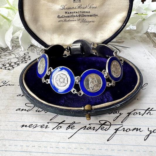Vintage Sterling Silver Blue Enamel Britannia & Tudor Rose Bracelet, Dated 1945. Art Deco Era Guilloché Engraved Silver Panel Bracelet.