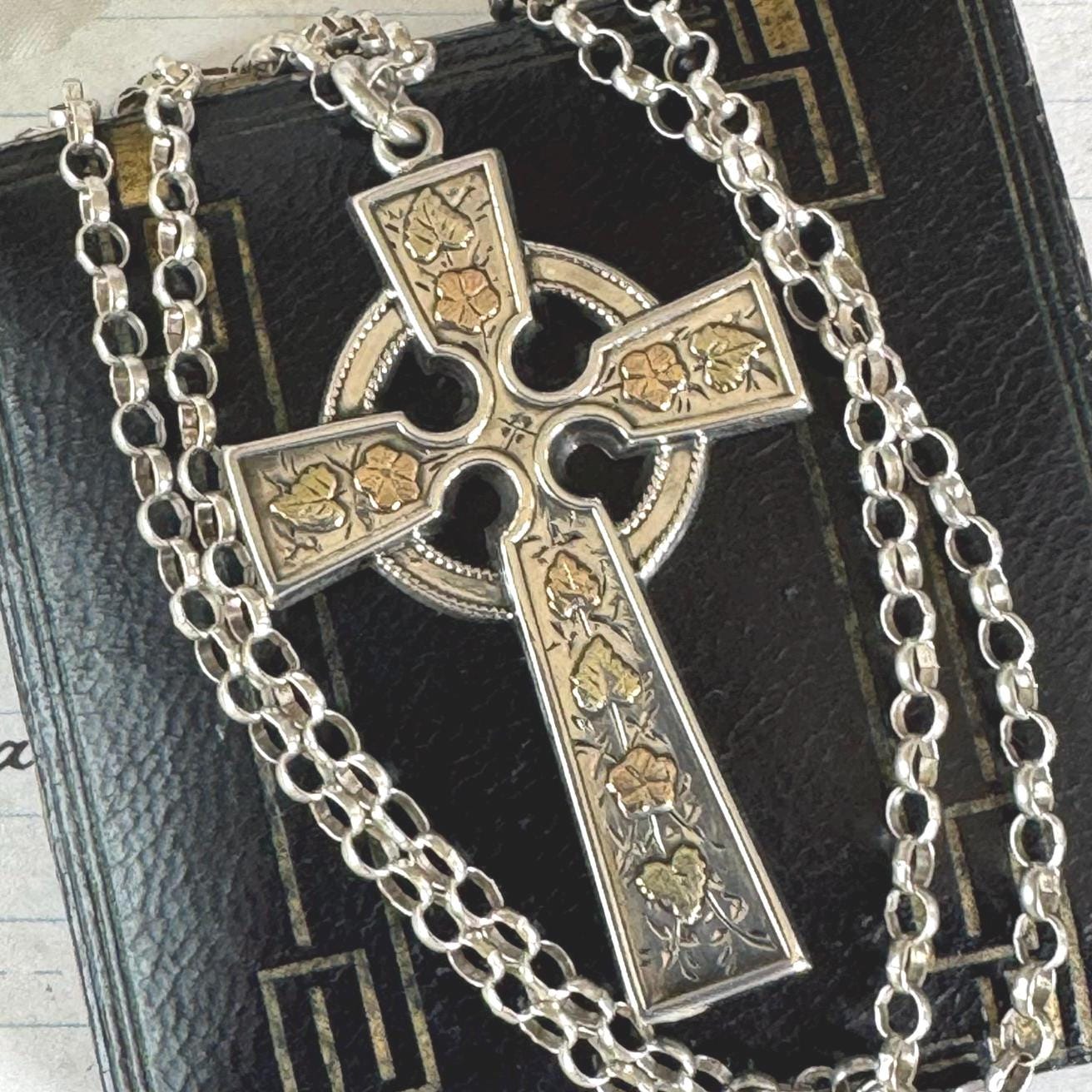 Antique Victorian Sterling Silver, 9ct Gold Cross Pendant Necklace, T&Co 1884. Large Aesthetic Engraved Silver Celtic Cross On Belcher Chain