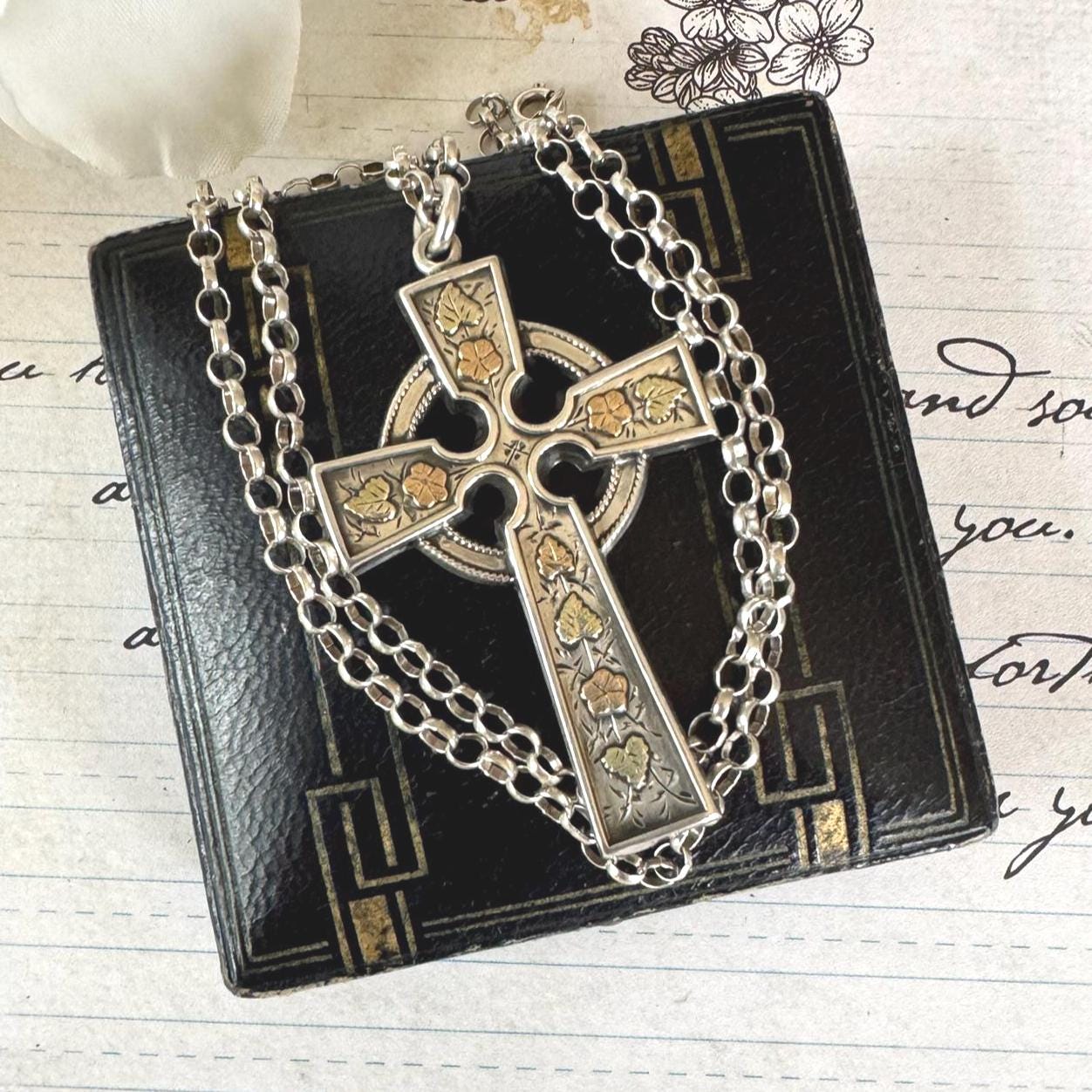 Antique Victorian Sterling Silver, 9ct Gold Cross Pendant Necklace, T&Co 1884. Large Aesthetic Engraved Silver Celtic Cross On Belcher Chain