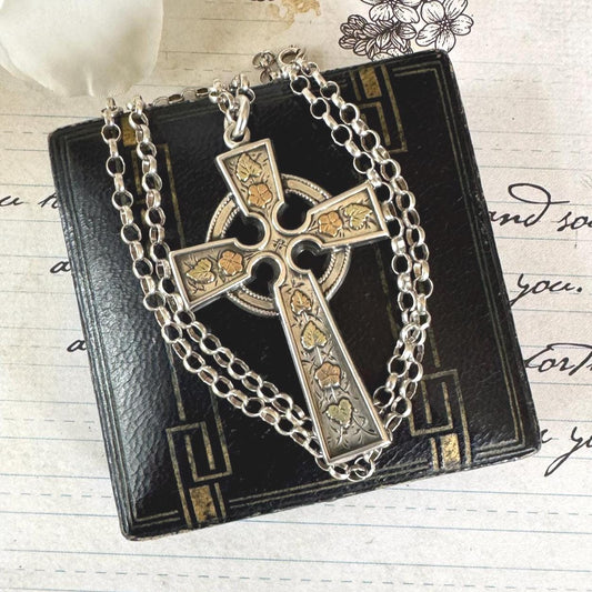 Antique Victorian Sterling Silver, 9ct Gold Cross Pendant Necklace, T&Co 1884. Large Aesthetic Engraved Silver Celtic Cross On Belcher Chain