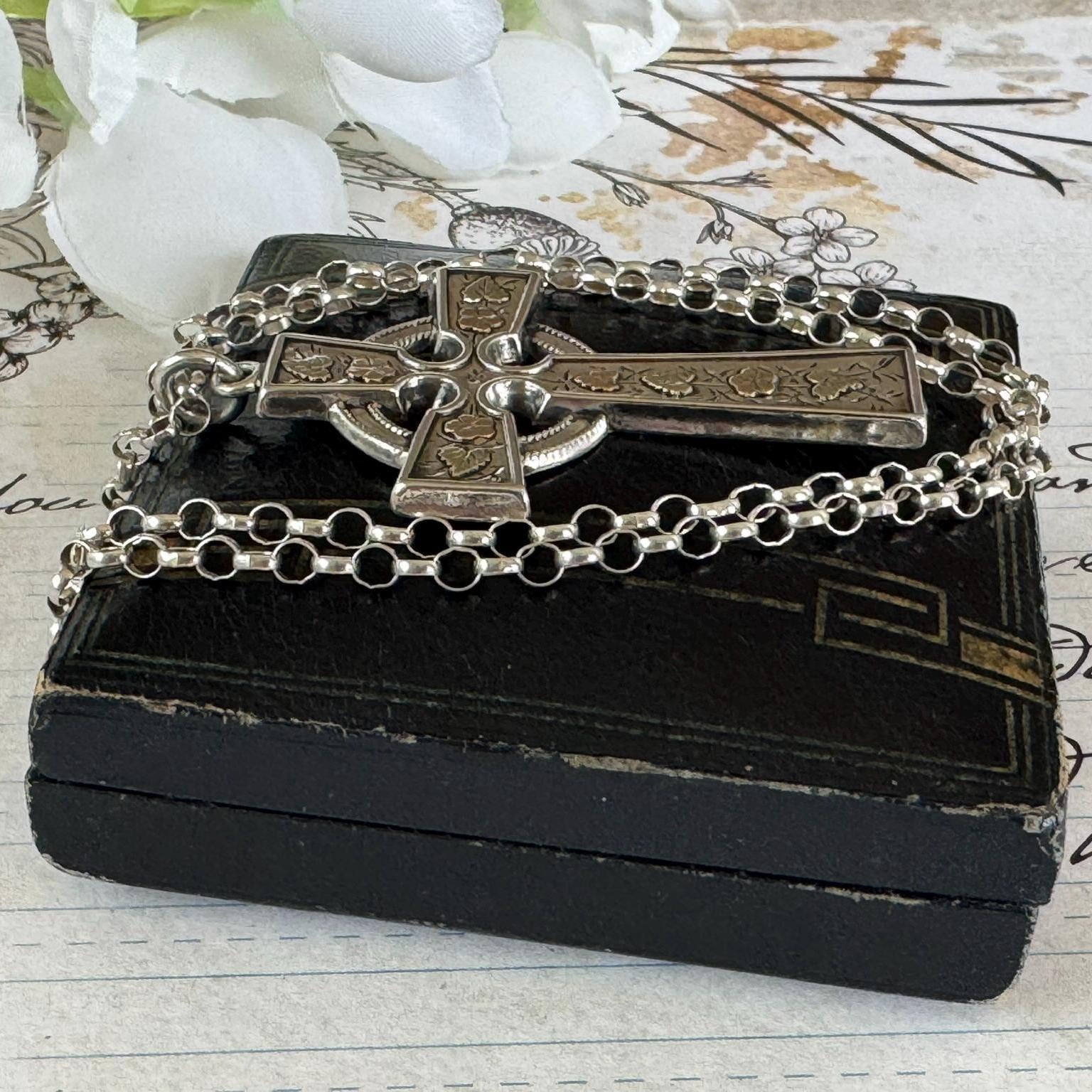 Antique Victorian Sterling Silver, 9ct Gold Cross Pendant Necklace, T&Co 1884. Large Aesthetic Engraved Silver Celtic Cross On Belcher Chain