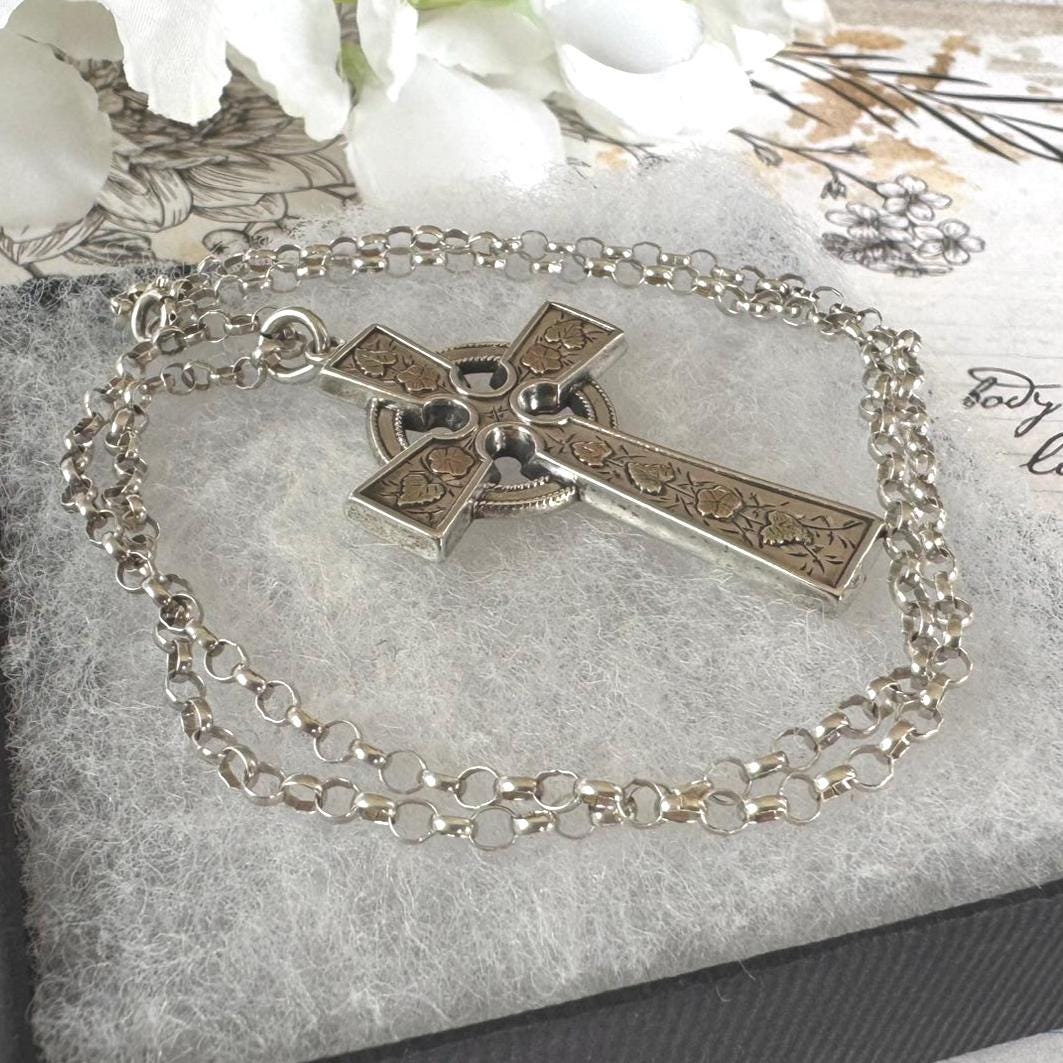 Antique Victorian Sterling Silver, 9ct Gold Cross Pendant Necklace, T&Co 1884. Large Aesthetic Engraved Silver Celtic Cross On Belcher Chain