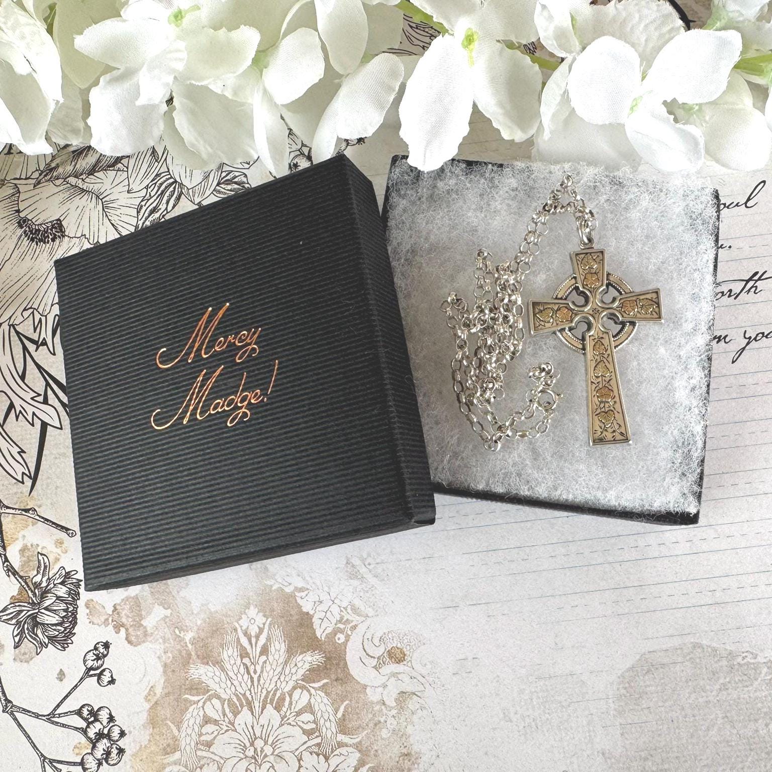 Antique Victorian Sterling Silver, 9ct Gold Cross Pendant Necklace, T&Co 1884. Large Aesthetic Engraved Silver Celtic Cross On Belcher Chain