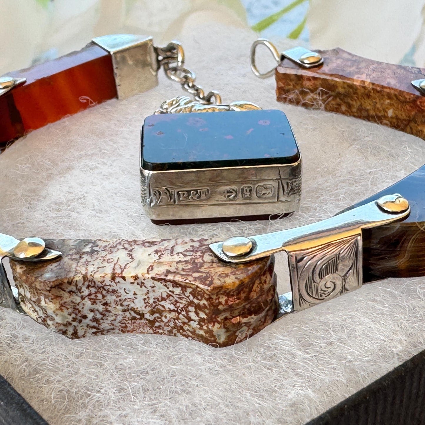 Victorian Scottish Agate Silver Bracelet With Original Bloodstone & Carnelian Lion Fob