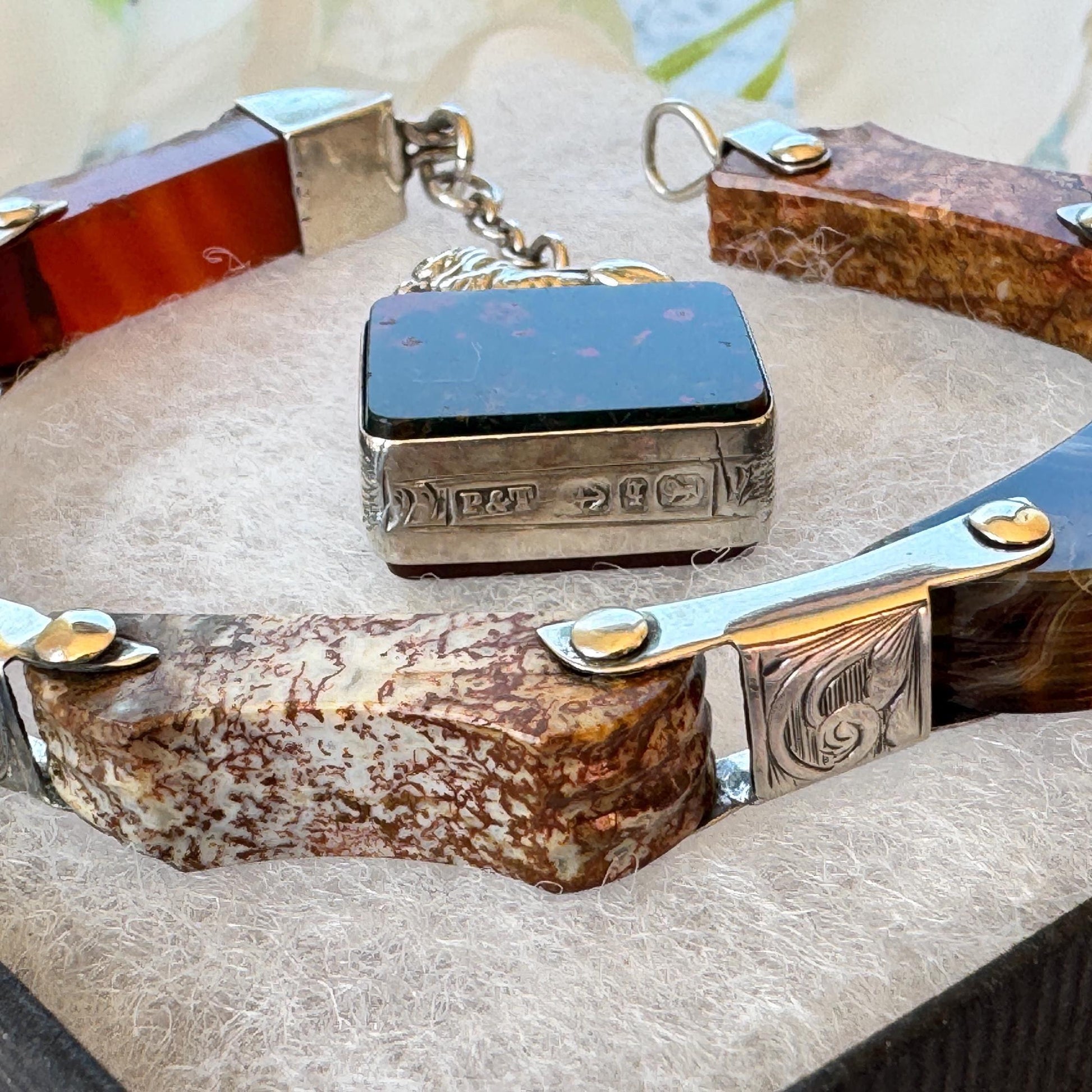 Victorian Scottish Agate Silver Bracelet With Original Bloodstone & Carnelian Lion Fob