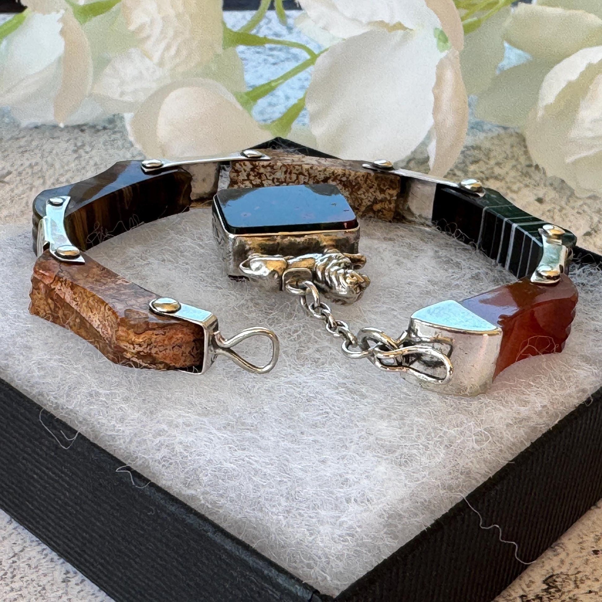 Victorian Scottish Agate Silver Bracelet With Original Bloodstone & Carnelian Lion Fob