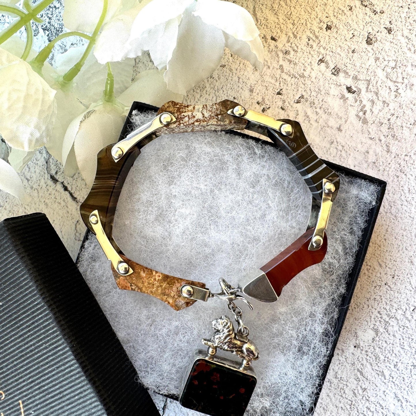 Victorian Scottish Agate Silver Bracelet With Original Bloodstone & Carnelian Lion Fob