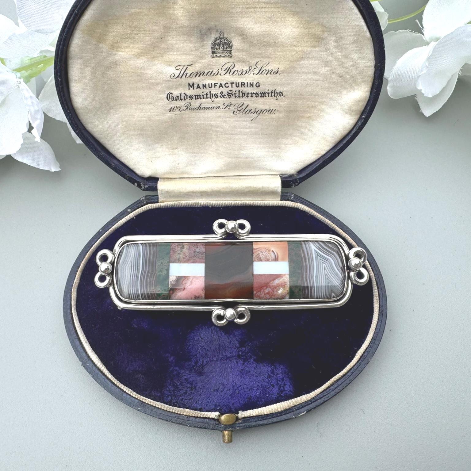 Victorian Inlaid Scottish Agate Sterling Silver Huge Bar Brooch. Tartan Cloak/Brooch/Kilt Pin. Antique Scottish Pebble Specimen Jewelry