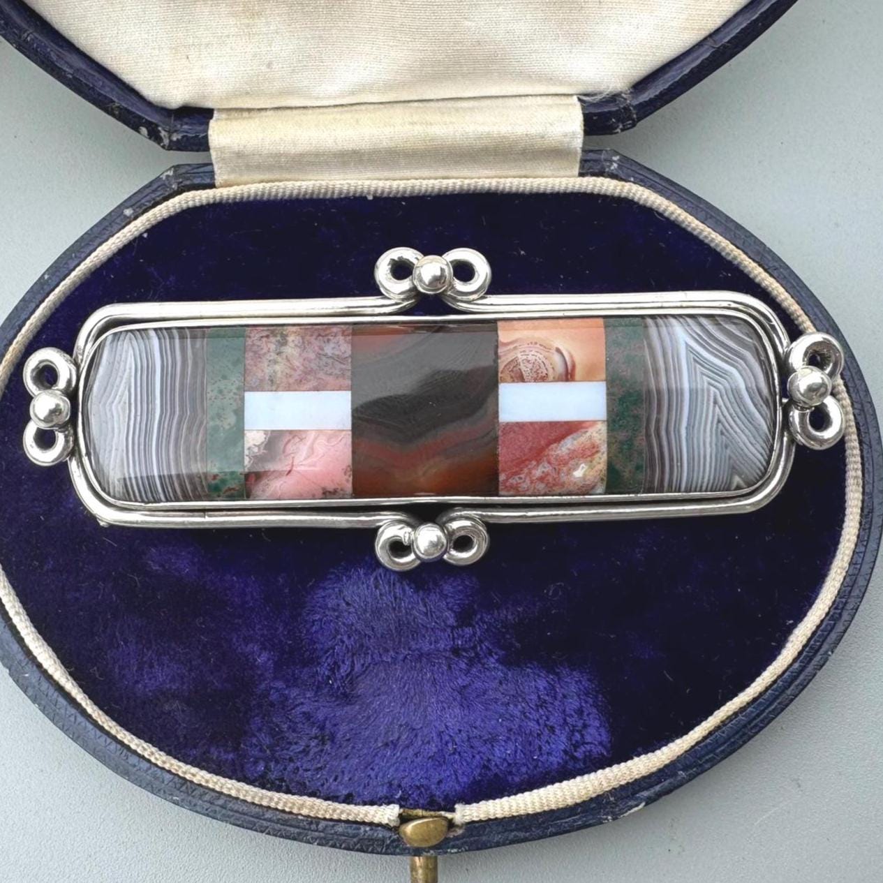 Victorian Inlaid Scottish Agate Sterling Silver Huge Bar Brooch. Tartan Cloak/Brooch/Kilt Pin. Antique Scottish Pebble Specimen Jewelry