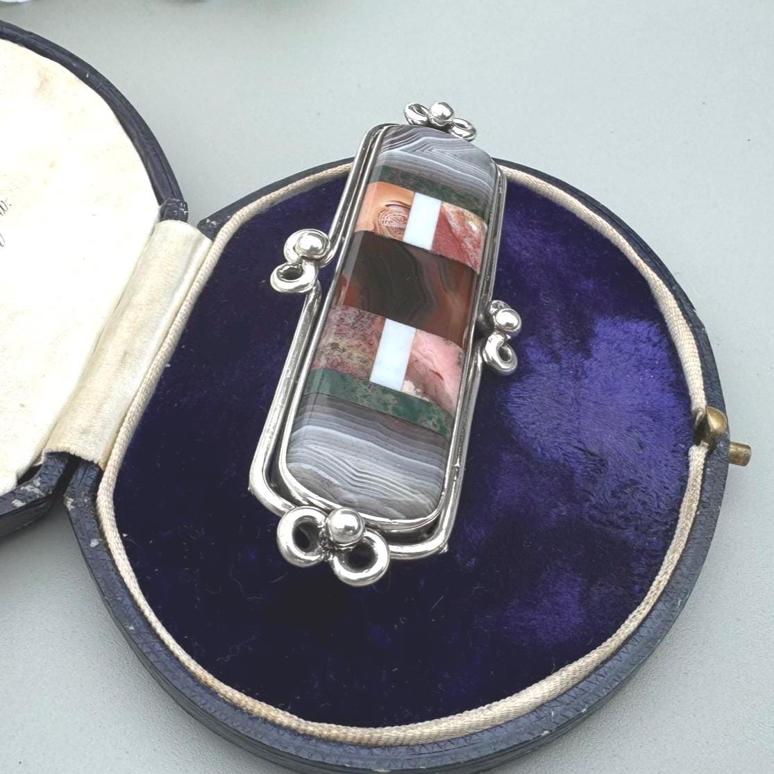 Victorian Inlaid Scottish Agate Sterling Silver Huge Bar Brooch. Tartan Cloak/Brooch/Kilt Pin. Antique Scottish Pebble Specimen Jewelry