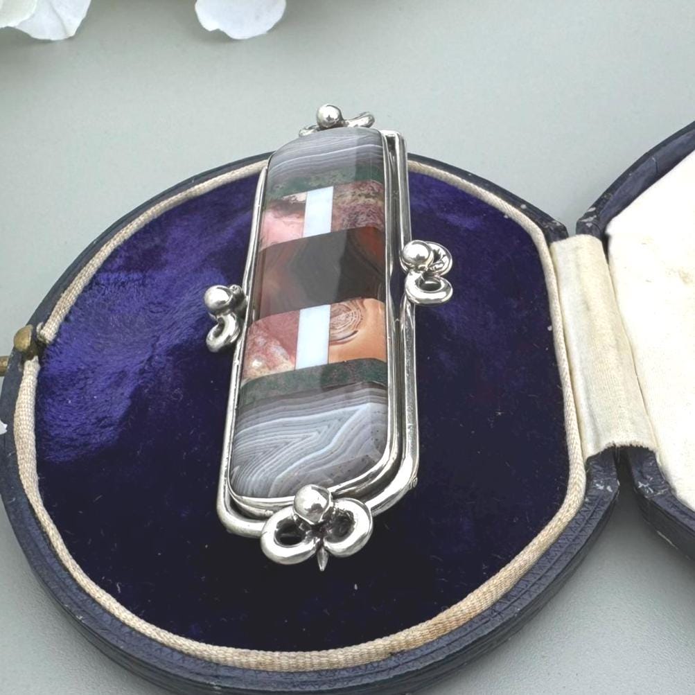 Victorian Inlaid Scottish Agate Sterling Silver Huge Bar Brooch. Tartan Cloak/Brooch/Kilt Pin. Antique Scottish Pebble Specimen Jewelry