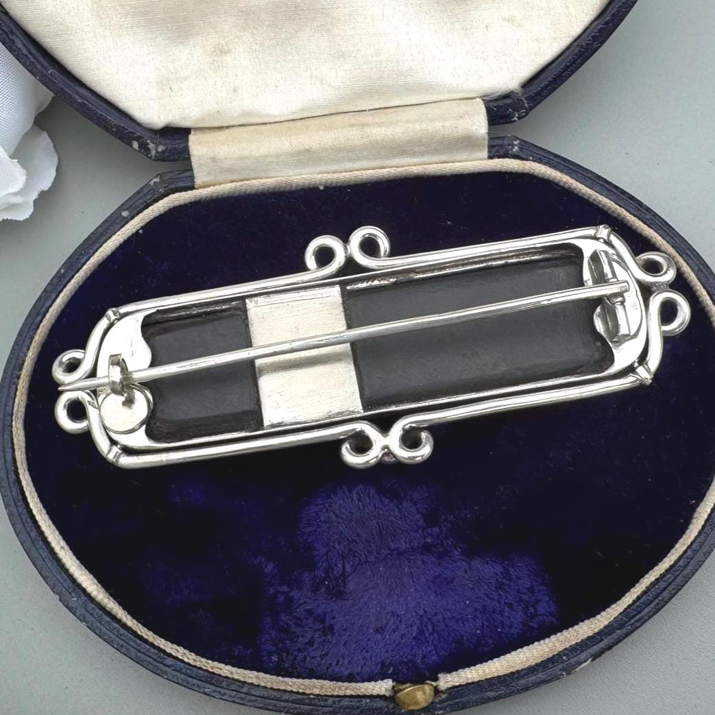 Victorian Inlaid Scottish Agate Sterling Silver Huge Bar Brooch. Tartan Cloak/Brooch/Kilt Pin. Antique Scottish Pebble Specimen Jewelry