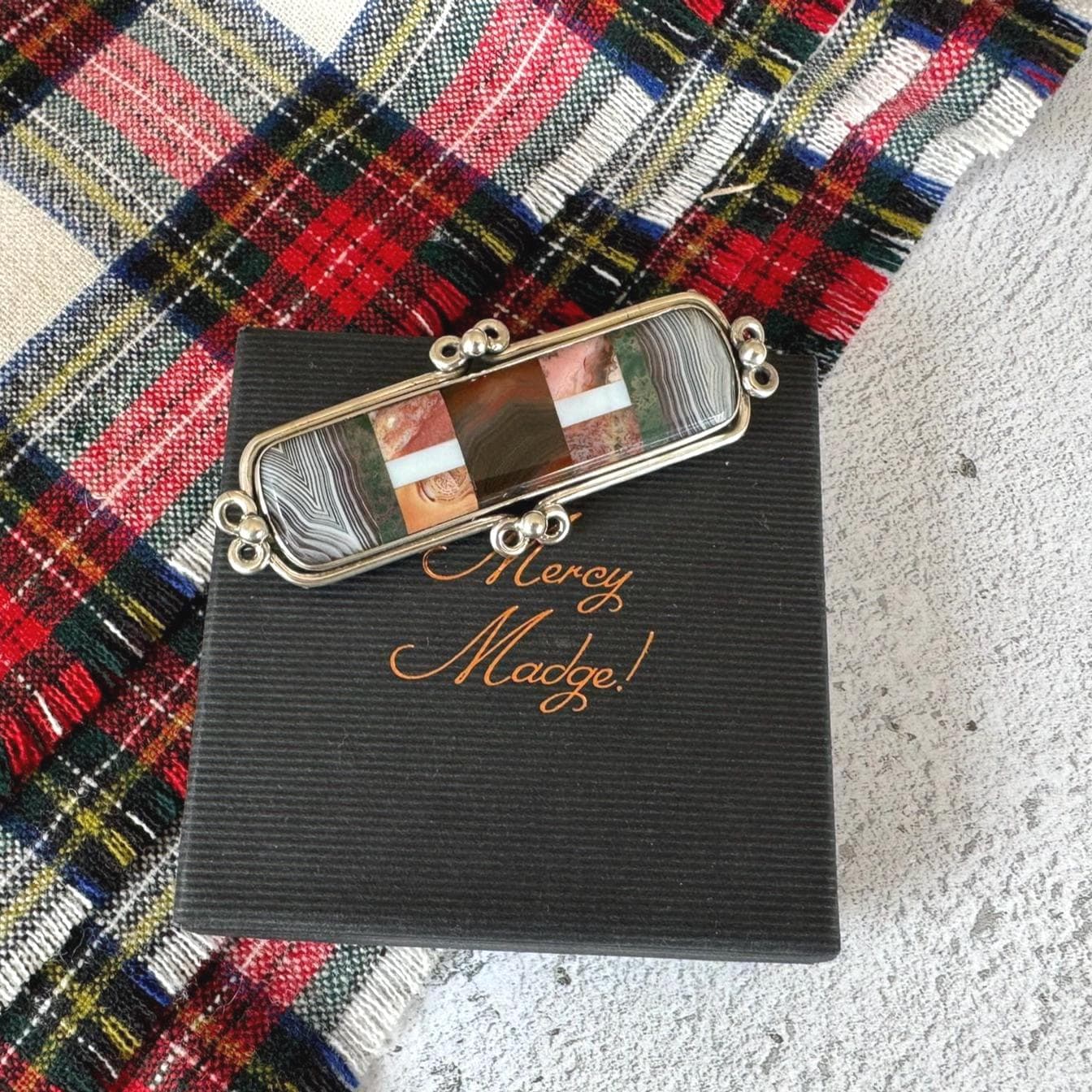 Victorian Inlaid Scottish Agate Sterling Silver Huge Bar Brooch. Tartan Cloak/Brooch/Kilt Pin. Antique Scottish Pebble Specimen Jewelry